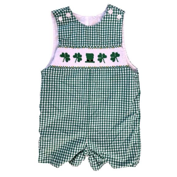 Velani Classics 9M St. Patrick's Day Shamrock Smocked Green Gingham Overalls - Picture 1 of 5